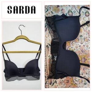 SARDA Size 34B Andres Sarda Black Fishnet Plunge Bra Euro Corset
